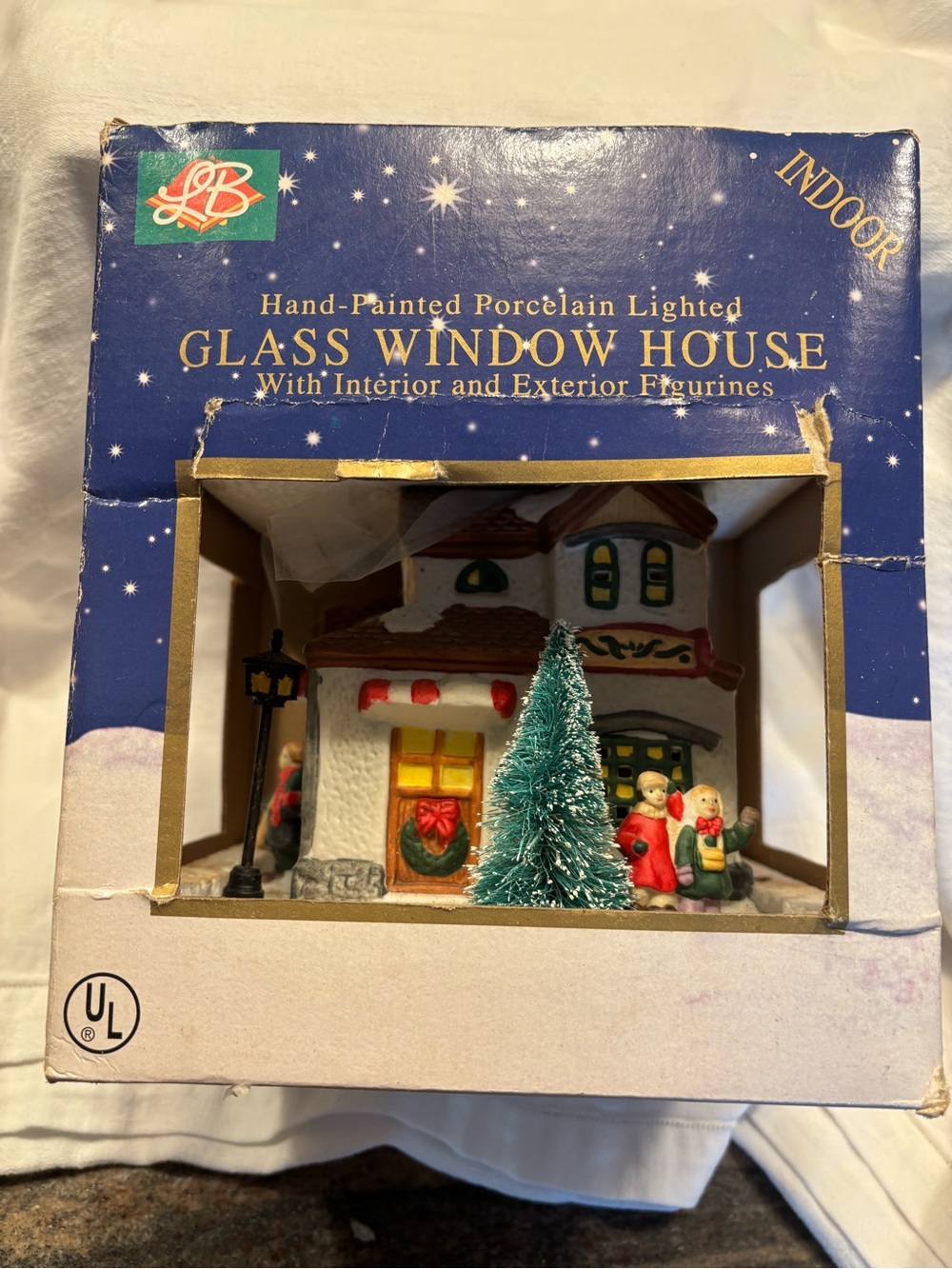 Hand-Painted Porcelain Lighted Glass Window House - White with Green Tree